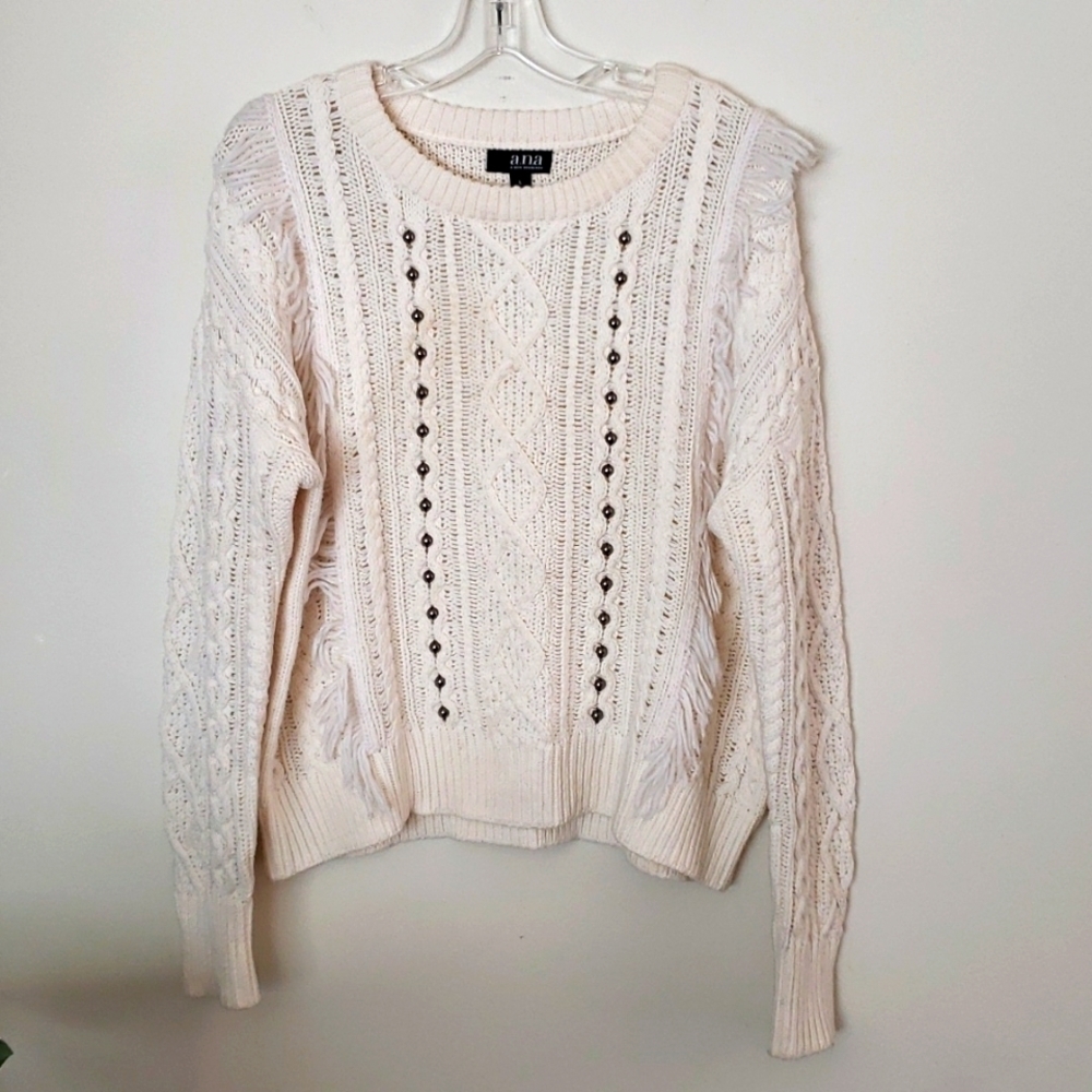 Ana beaded cable knit fringe sweater, boho, preppy, women's size large